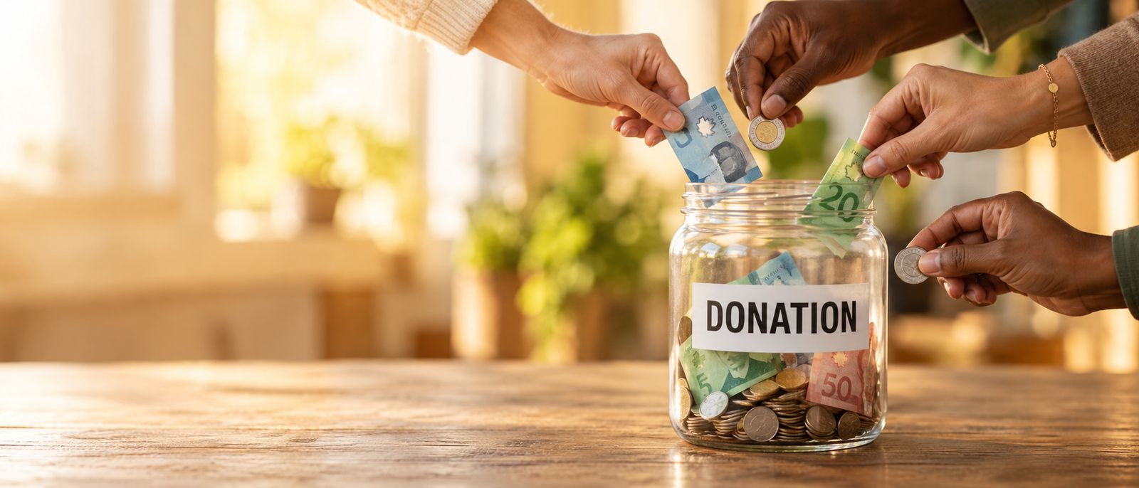 Several hands placing bills and coins into a glass jar labelled Donation