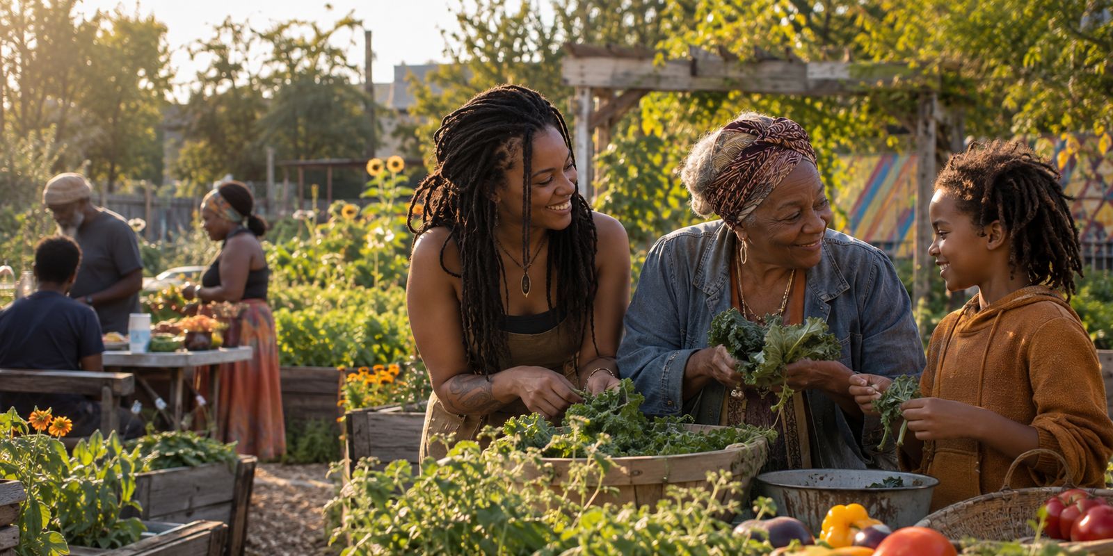 Three generations of Black community members harvesting fresh greens together in a sunny community garden
