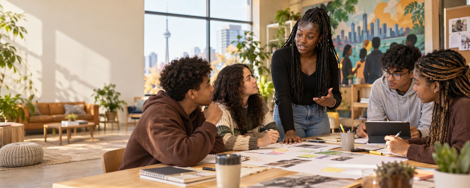 Black and racialized youth collaborating around a table covered in project notes